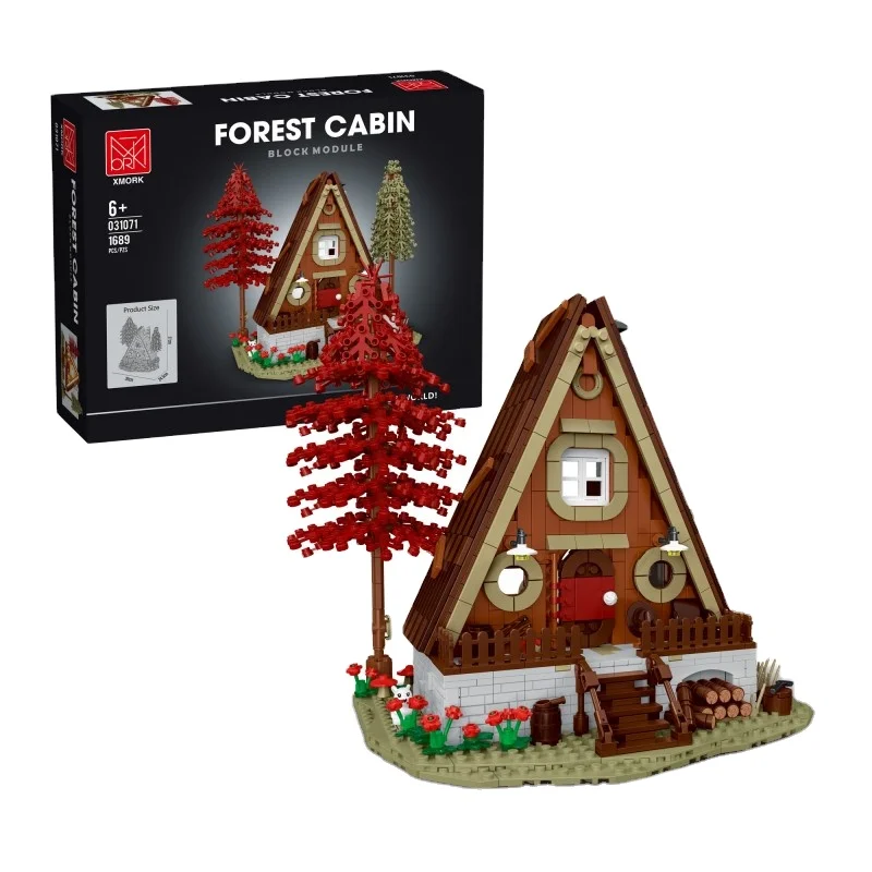 MORK 031071 Creative Expert 1689pcs Street View Forest Triangular Log Cabin with Lights Educational Building Block Toys