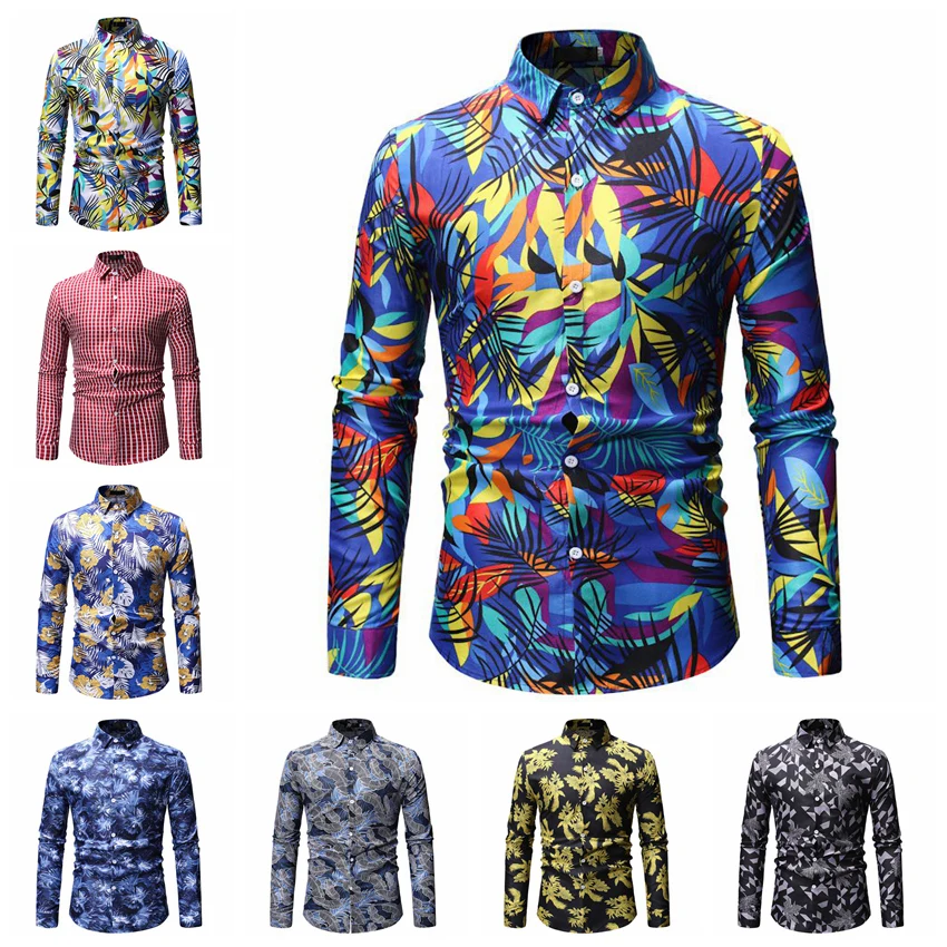 Men Hawaiian Shirt Long Sleeve Floral Print Mens Dress Formal Shirts  Men Casual Slim Fit Tops Shirt M-3L