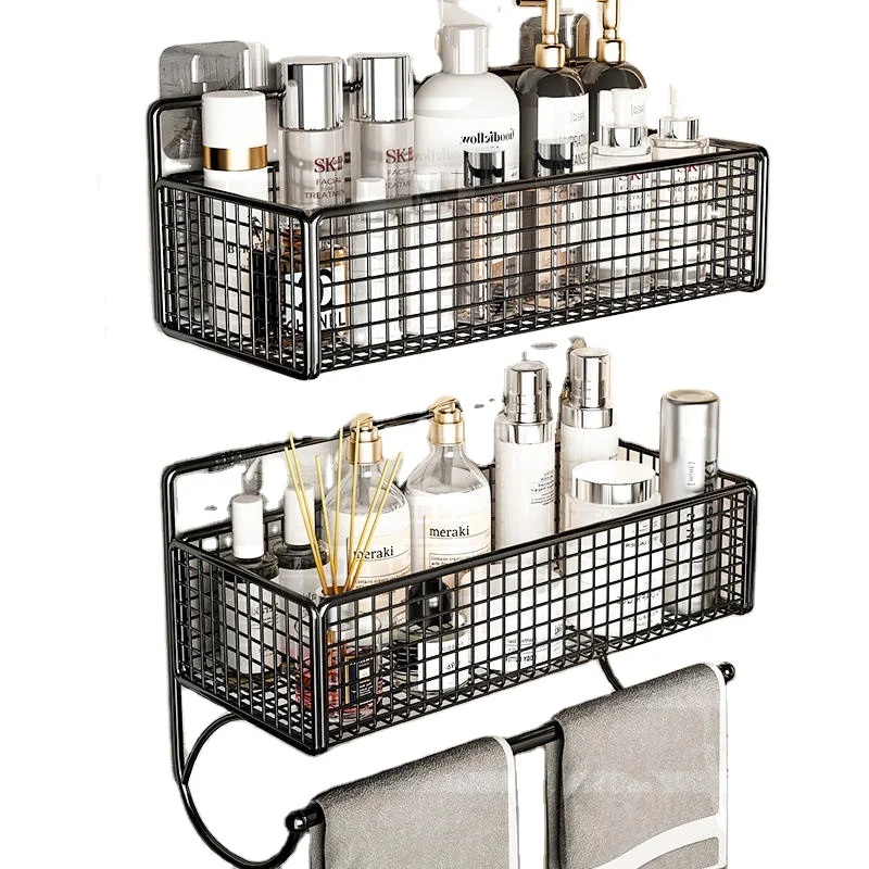 Simple Single-Tier Wall-Mounted Metal Grid Basket Organizer Chrome Plated for Bathroom Storage Household Use Furniture Hardware
