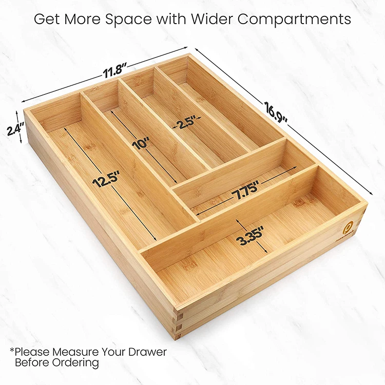 Clear 6 slots compact kitchen utensil silverware drawer storage bamboo cutlery tray organizer, bamboo silverware organizer