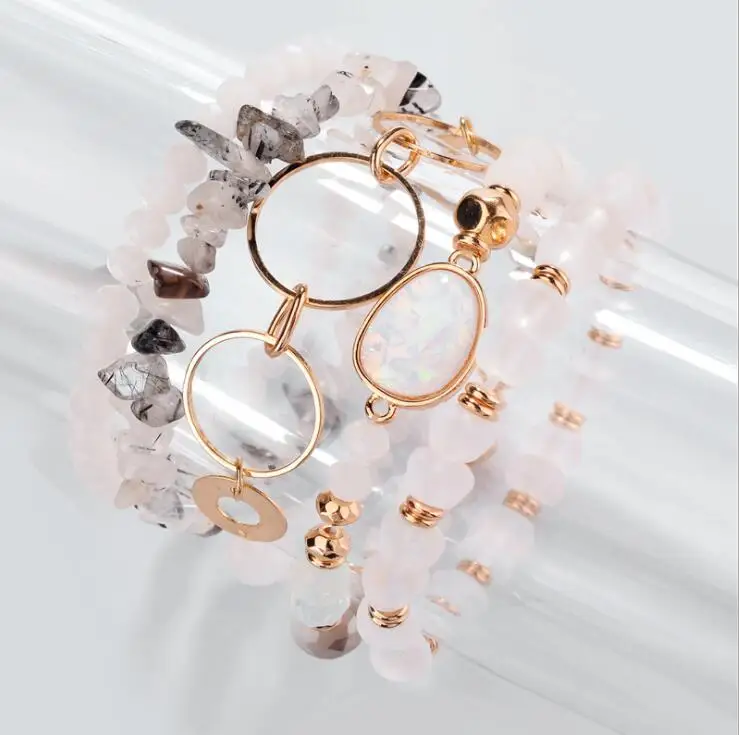 
Europe and the United States big jewelry natural edging stone crystal beads circle gravel multi-layer bracelet 5pcs/set 