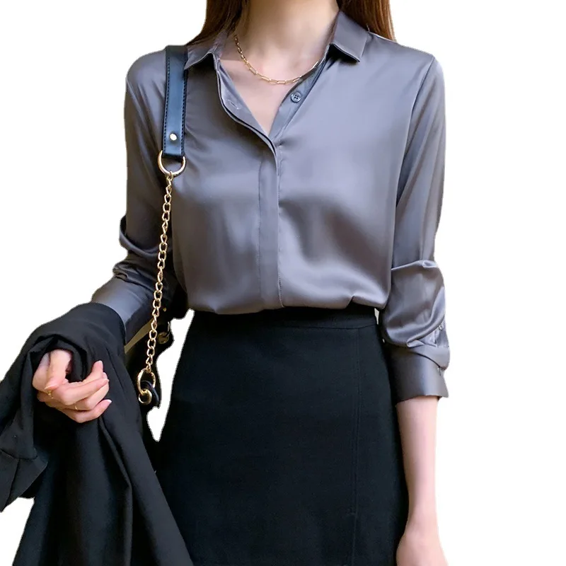 Autumn Spring Fashion Button Up Satin Shirt Vintage Blouse Women White Lady Long Sleeves Female Loose Elegant Shirts