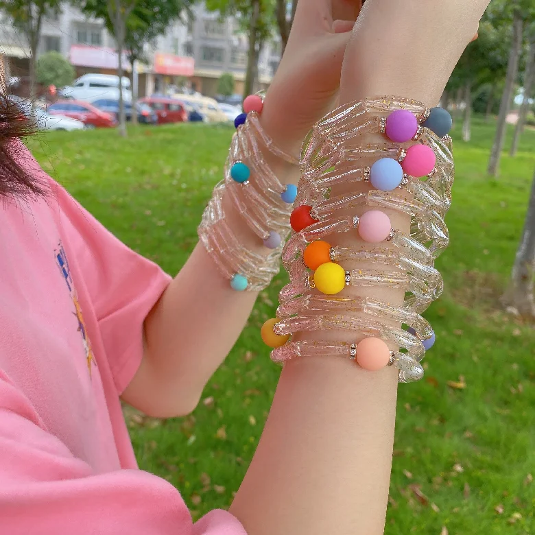 2021 New Colorful Round Beads 6mm Resin Acrylic Bracelets Bamboo Curved Tube Bead Transparent Shine Elastic Beaded  Bangle