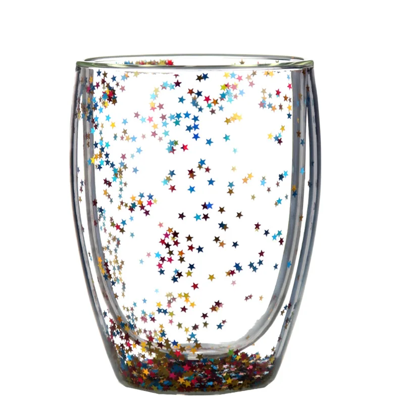 Creative Double Layer Insulated Sparkling Stars Double Wall Borosilicate Glass Cup