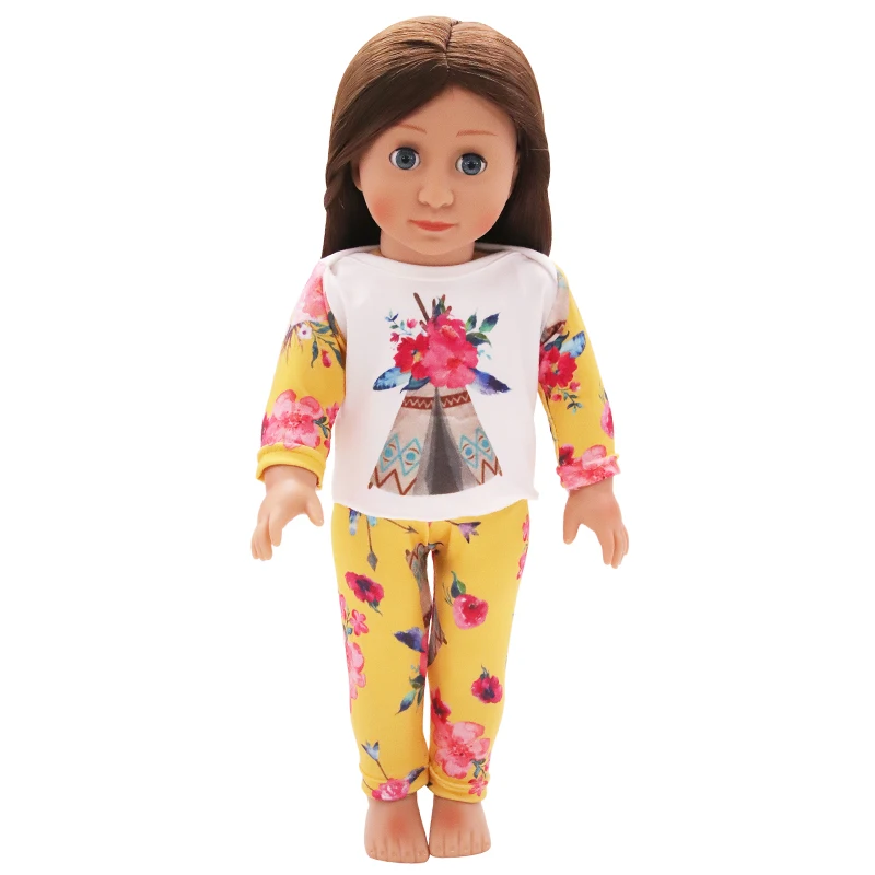 Aliexpress Fashion Wholesale  18-inch American Doll Cotton Print Soft Casual Long sleeves Pajamas Set Elastic Doll Clothes