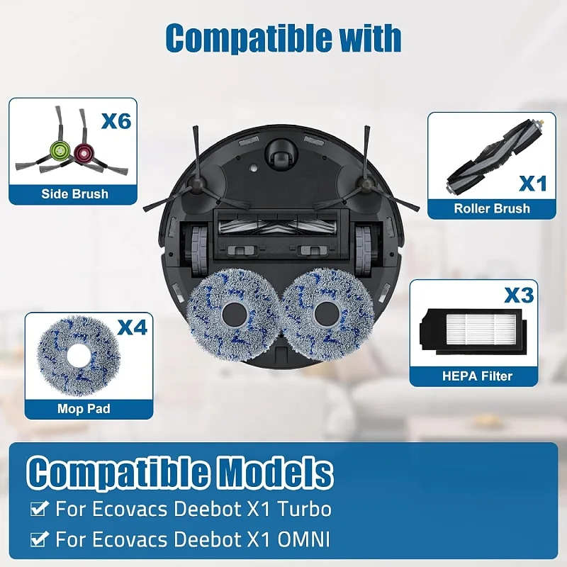 Replacement Accessories Kit for Ecovacs Deebot X1 Turbo/Omni Robot Vacuum Cleaner Parts  Main Brush   Side Brush Hepa Filter Mop
