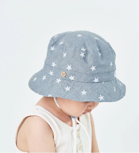 100% cotton kids bucket hats summer demin hats wholesale stars print baby tractorcap for outdoor
