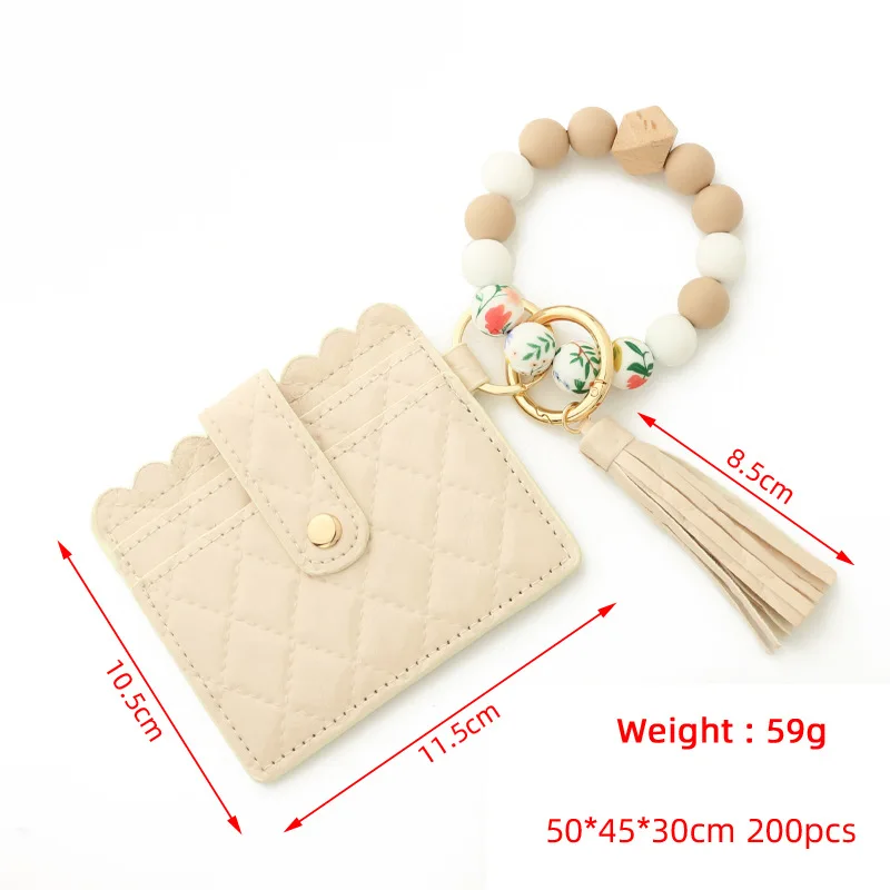 2022 In Stock Silicon Beads Bracelet Keychain Pu Leather Tassel Geometry Sewing Silicon Beads Wristlet Keychain Wallet for Women