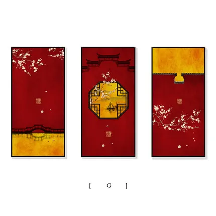 Chinese classical 3 pieces home decor painting Chinese style ancient building canvas oil painting