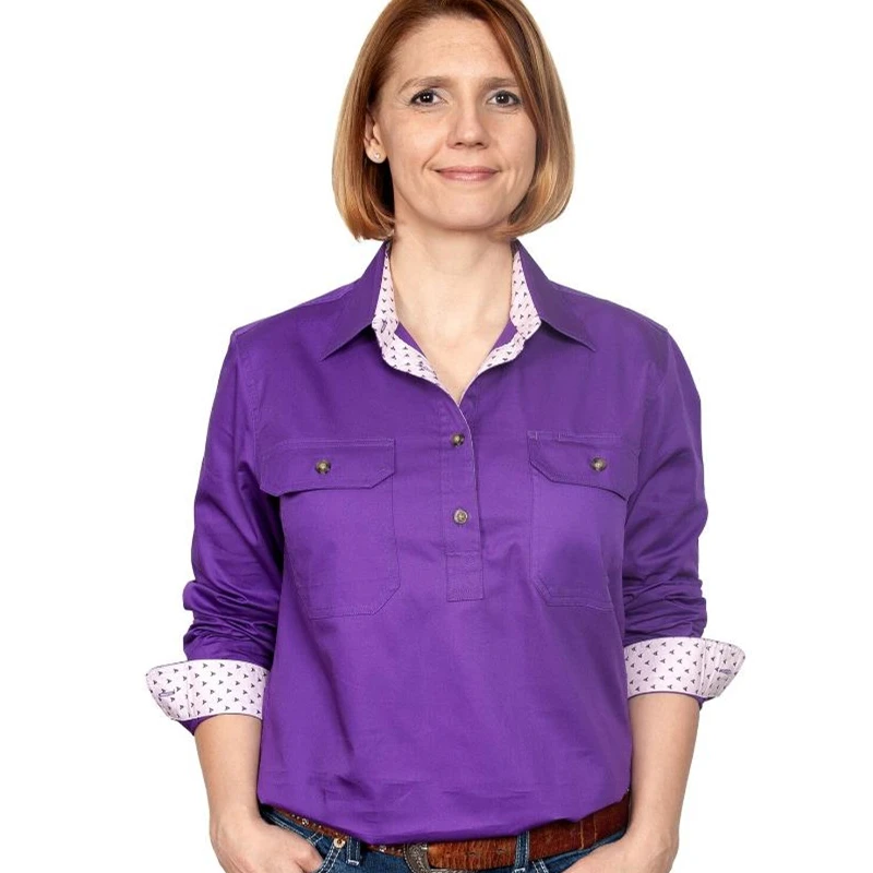 Chinese Factory Workshirts Shirts Cuffs Work Button Down Tops Womens Shirt With Double Breast Pockets