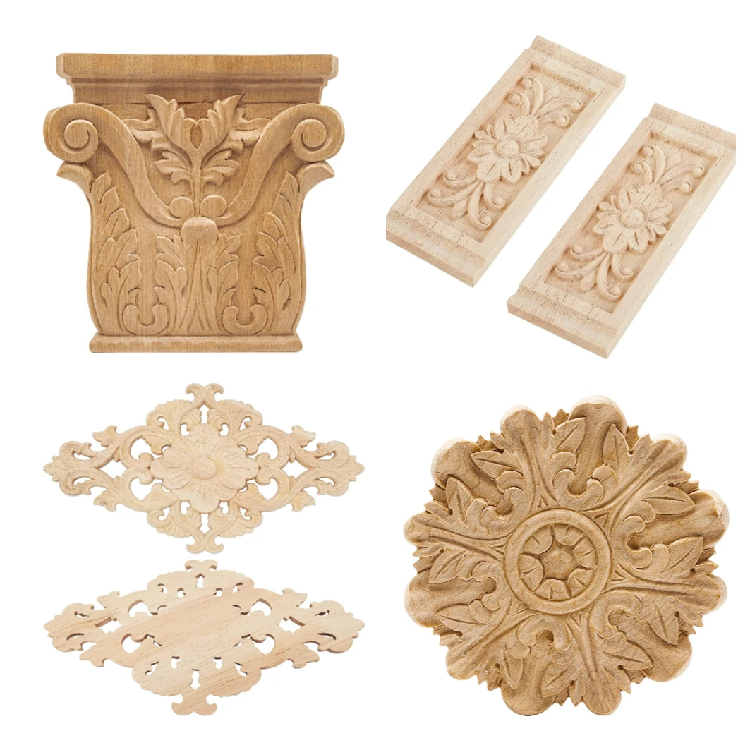 Maderotherapy Wood Carving Square Flower Pieces Decal Roman Column Toe Door Table Decoration Wood Solid Carving Ornamental Onlay