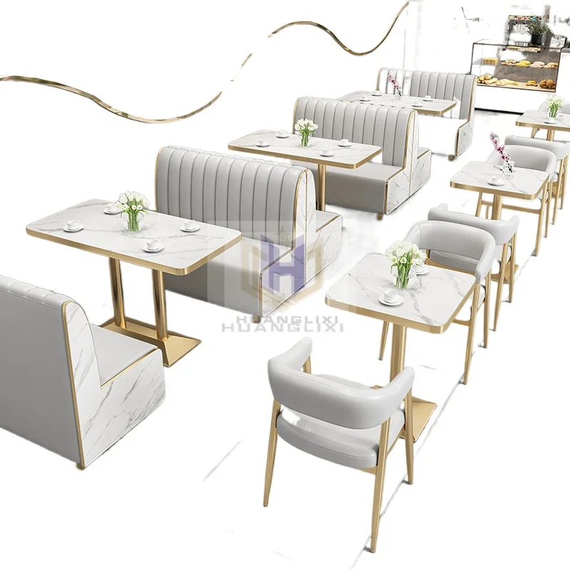 Customized Restaurant Booth Seating Set Marble Top Golden Dining Table And Chair Sofa For Cafe Coffee Shop