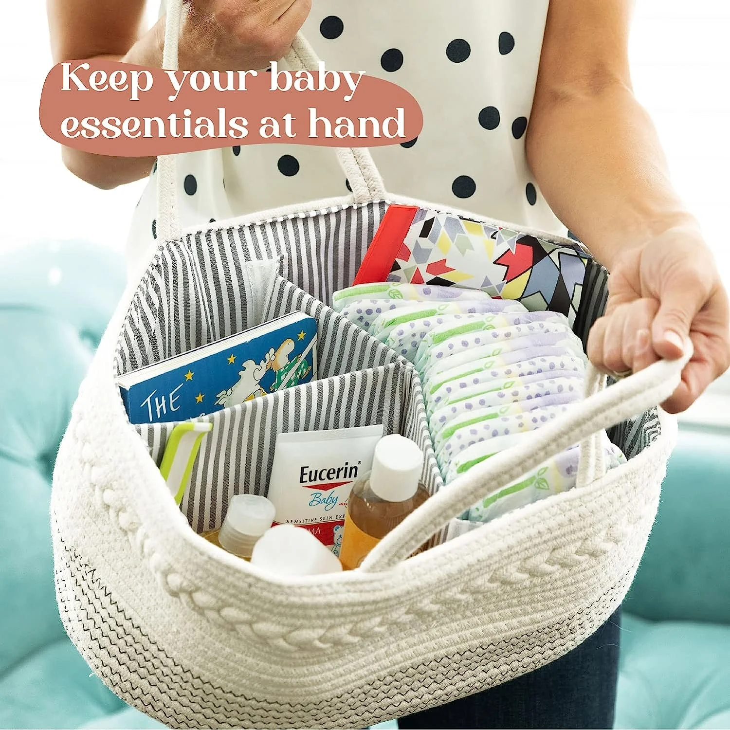 Wholesale Diaper Caddy Woven Basket Changing Table Baby Cotton Rope Basket Portable Storage Basket with Removable Divider