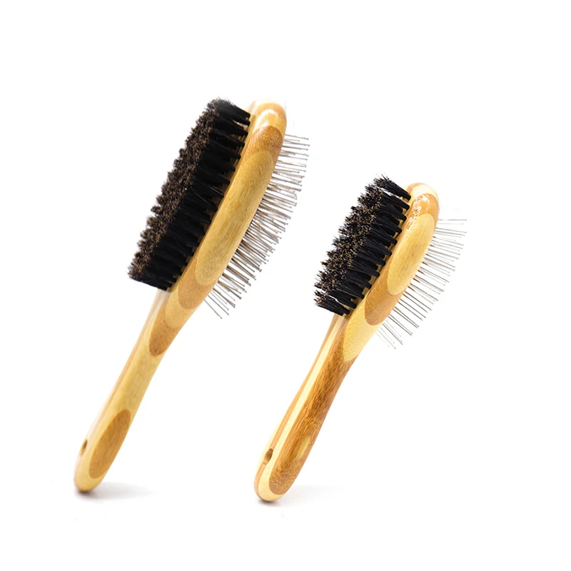 Pets brush hair remover cleaning cat comb natural wholesale bamboo dog brush 2 in 1 double sided grooming product pet bath brush