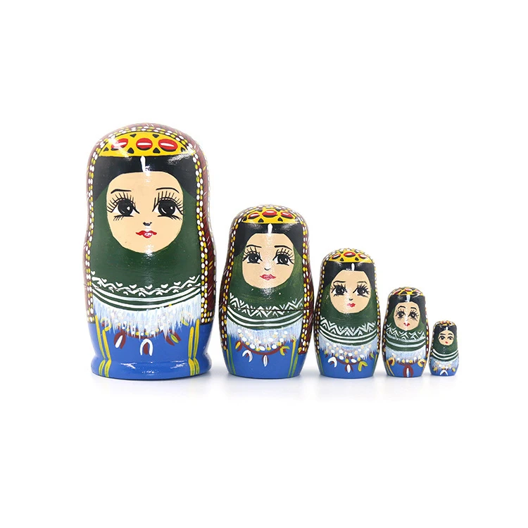 Custom pattern handicraft decoration Ethnic style wooden handmade products 5 layers Wood Russian Nesting Dolls
