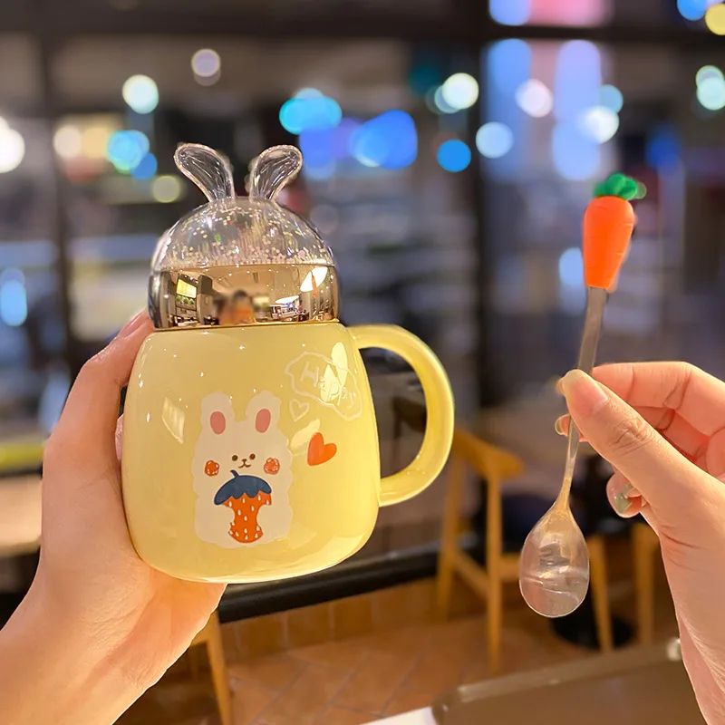 Modern Creative Cute 3D Rabbit Ears Cup Lid Home Office Ceramic Mug with Spoon