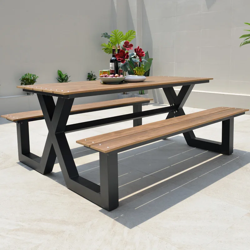Outdoor restaurant park furniture dining set table with bench metal leg plastic wood table top fast producing