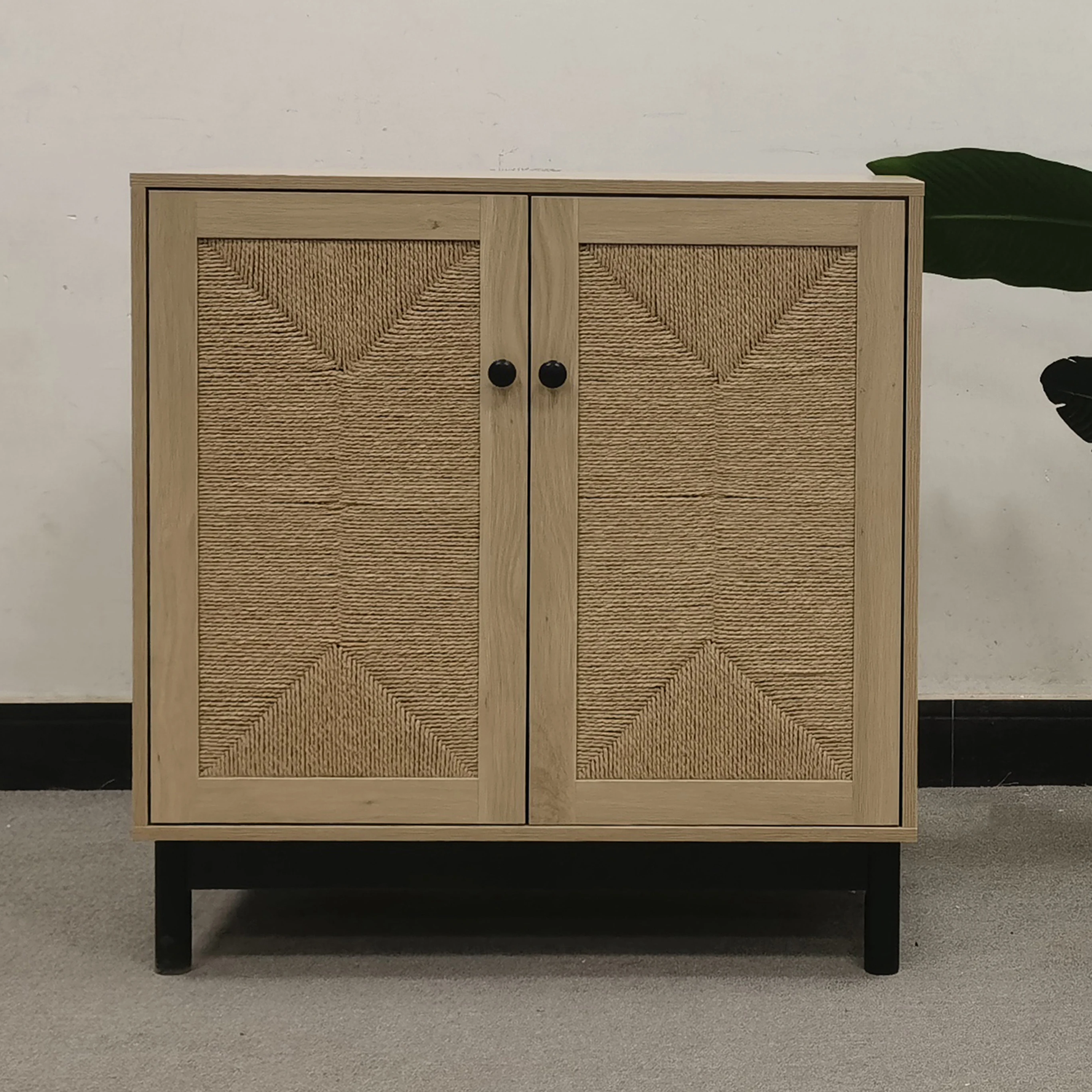 High Quality Customized Wooden Sideboard with Paper Rattan Woven Door Cabinet