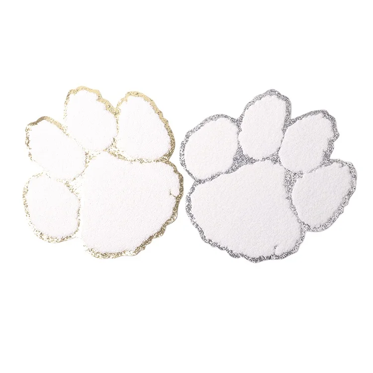 Christmas large Cartoon iron on big back animal embroIdery patches  white silver glliter cat paw chenille patch for clothing