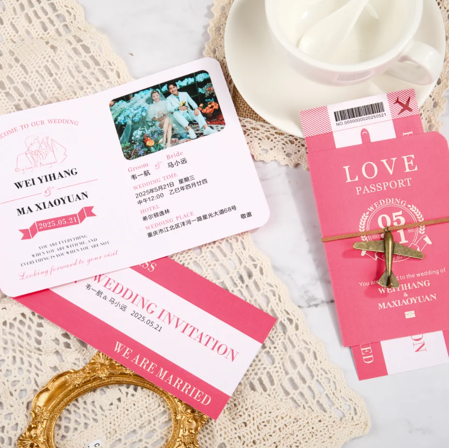 Luxury Gold Foil Painting Airline Ticket Printable Passport Wedding Invitation with Boarding Pass