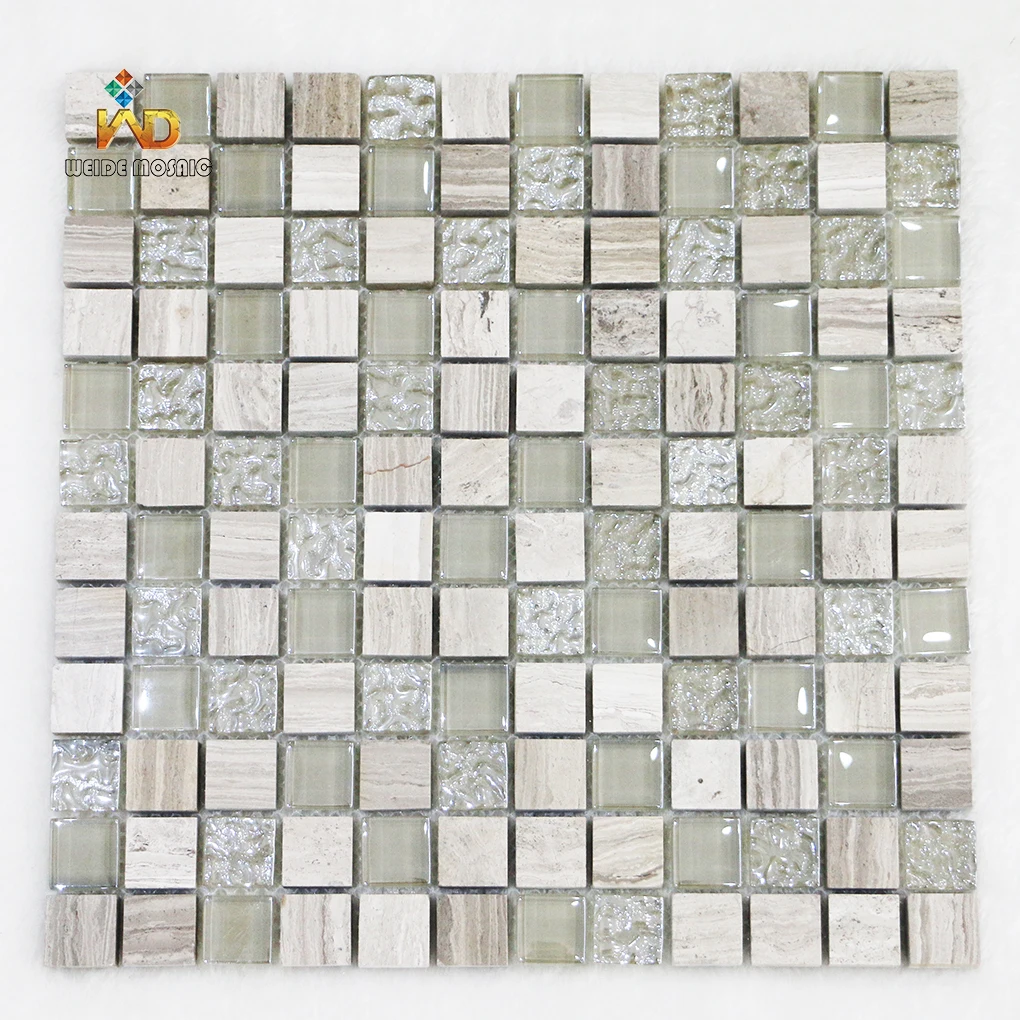 Grey Wood Grain Marble mixed glass mosaic anti slip bathroom tiles outdoor swimming pool wear-resistant tiles