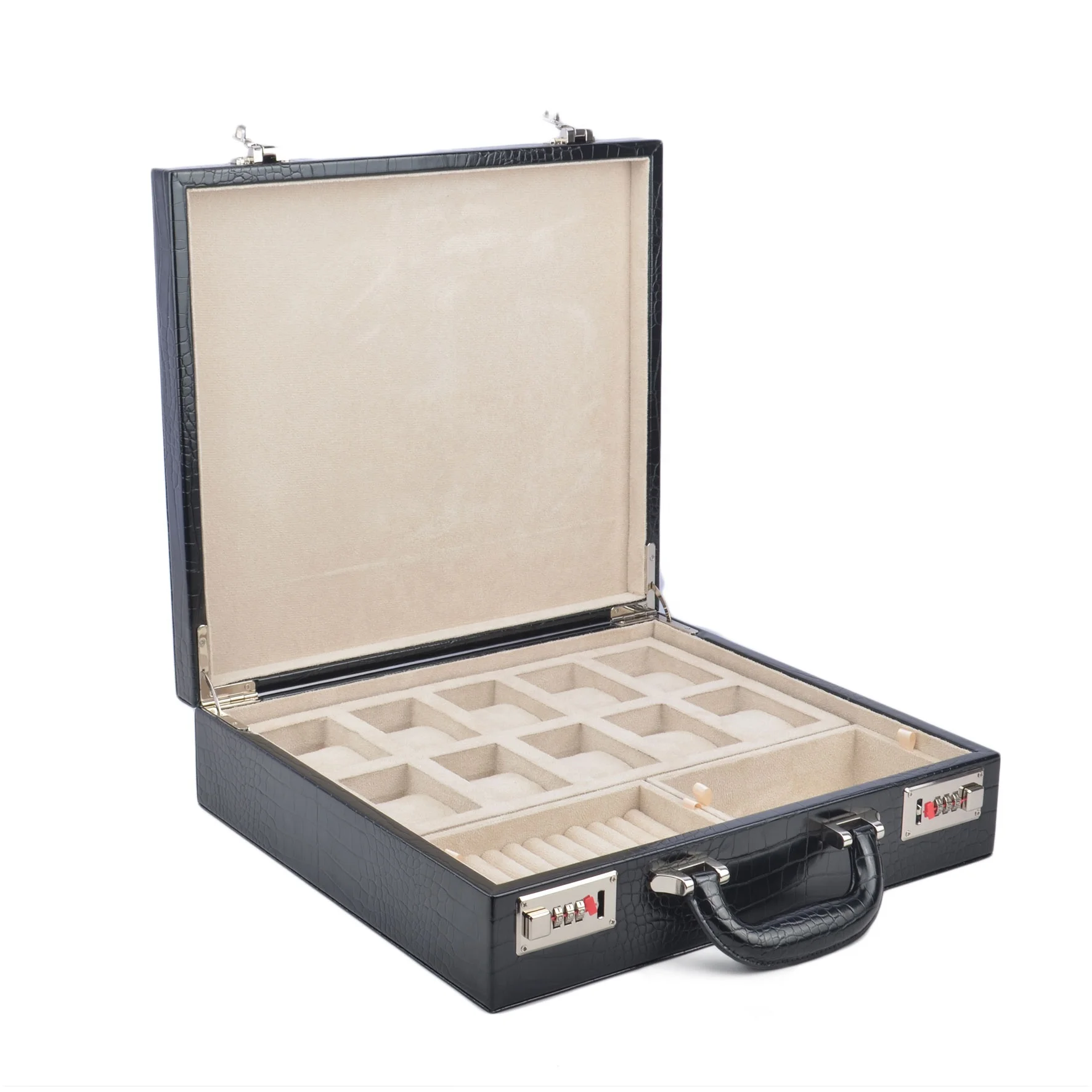 Luxury Black Alligator Crocodile PU Leather 10 Slot Watch Jewellery Briefcase Watch Packing Display Storage Organizer Box