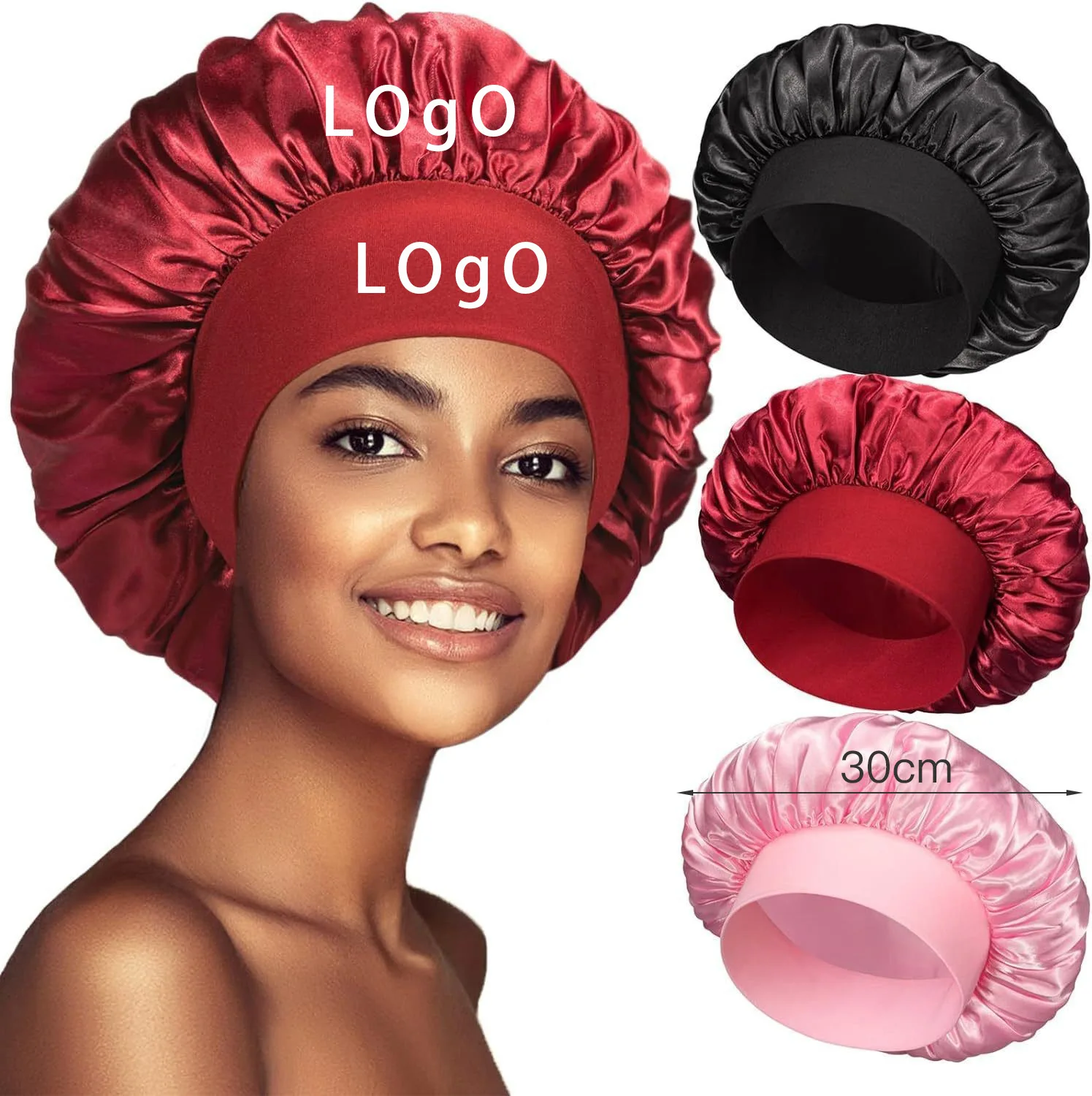 I-0318 Custom Logo Bonnets And Satin Hair Wraps Wide Band Satin Bonnet Sleep Cap Silk Turban Elastic Curly Hair Bonnets