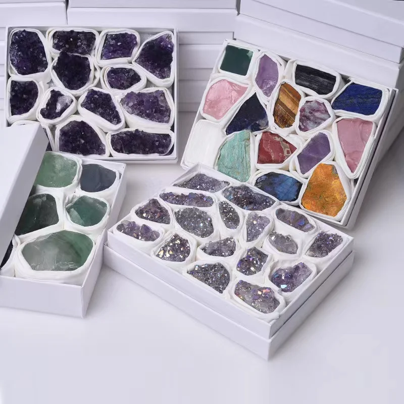 Various Of Crystals Quartz Block Natural Amethyst Rose Quartz Reiki Healing Mineral Specimens Stones With Box