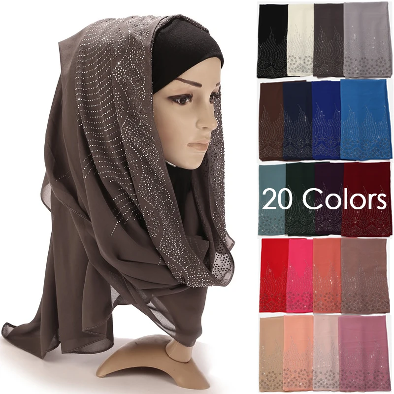 Новый дизайн, чистый цвет, Малайзия, горячие шифоновые головные уборы для мусульманских женщин с жемчугом и стразами, оптовая продажа