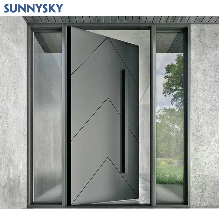 Sunnysky Wholesale Price Customized Security Door Black Aluminum Alloy Entrance Metal Pivot Front Door For Villa