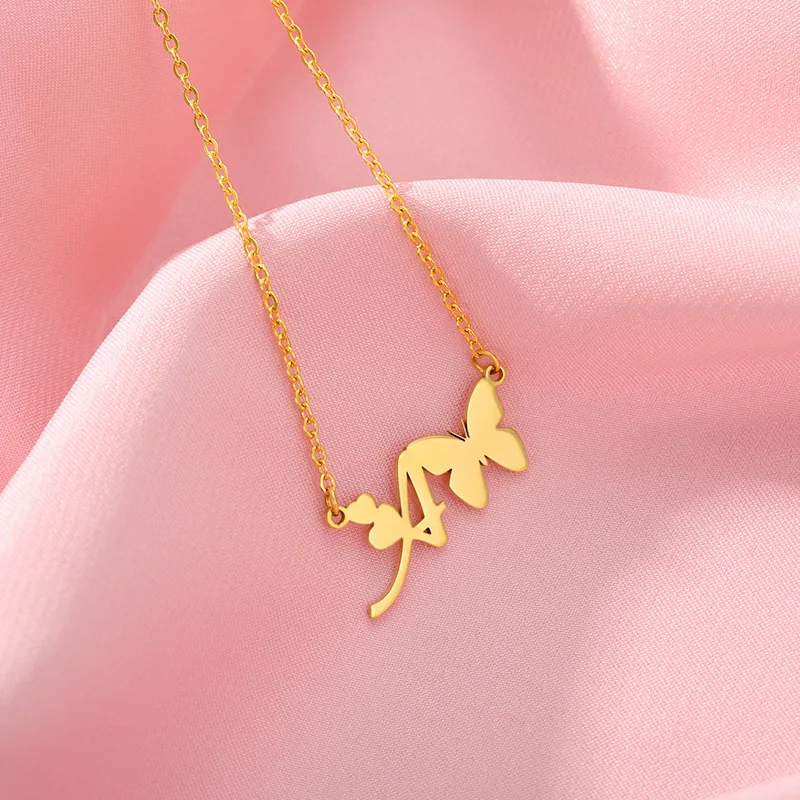 Fashion Cute Women Gold Plated Inital Letter Stainless Steel Jewelry Initial Butterfly Necklace