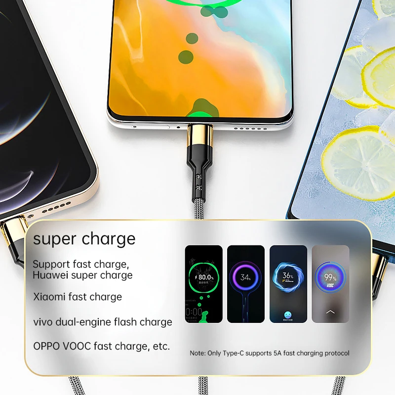 3 in 1 usb to type-c micro-usb 1.2m charger cable 66W fast charging braided gold-plated data cable