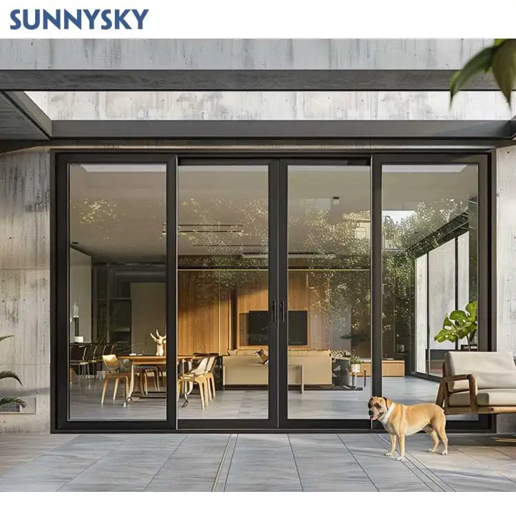 Sunnysky High Quality Contemporary Modern Double Glazed Patio Glass Sliding Doors Steel Folding Balcony Stacker Interior Door