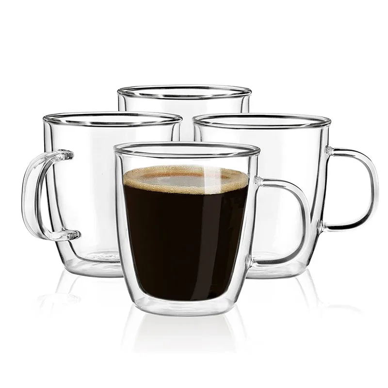 Factory Hot Sale Heat Resistant Clear Insulated Glass Espresso Coffee Tea Cup Double Wall Glass Coffee Mug with Handle