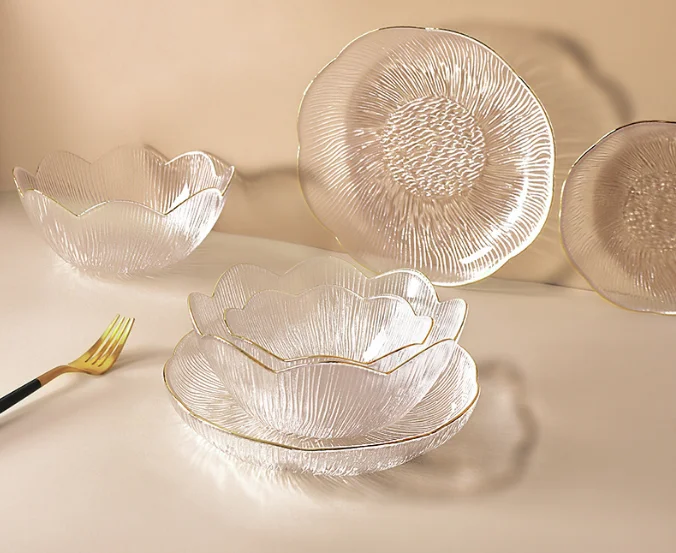 Modern simple glass bowl household bowl full set of wholesale living room fruit plate glacial pattern dessert vegetable salad bo