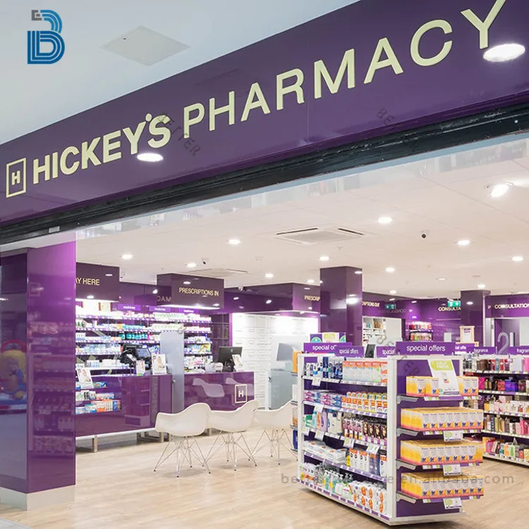 Pharmacy shop display furniture equipment for shelves and display cabinet drugstore gondola