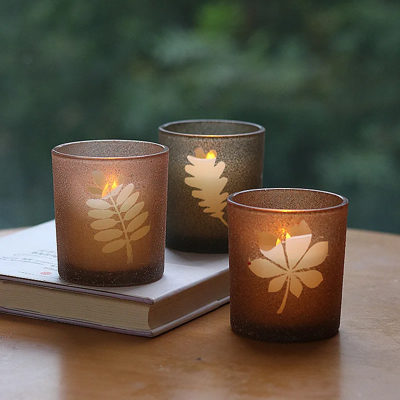 Free Sample Leaf Element Candle Cup Frosted Empty Glass Candles Jars Home Table Craft Decoration