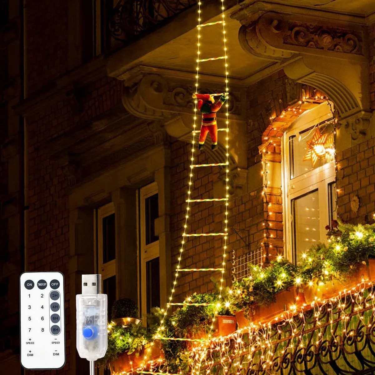 Christmas LED Ladder Lights with Climbing Santa Claus Christmas Decorations Lights for Indoor Outdoor Garden Xmas Tree Decor