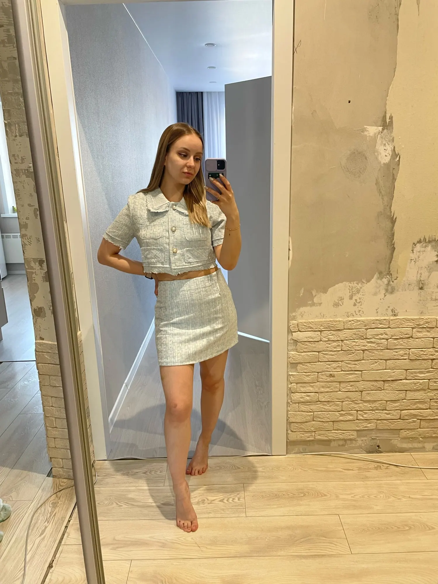 Korean Skirt Suit O-neck Puff Sleeve Shirt Coat Slim Bodycon Mini Skirts Set Korean Temperament Tweed 2 Piece Set Women