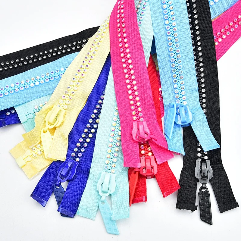 60cm Different Colors Resin Rhinestone Zip Close End Nylon Fabric Zipper for Jacket Coat Clothes