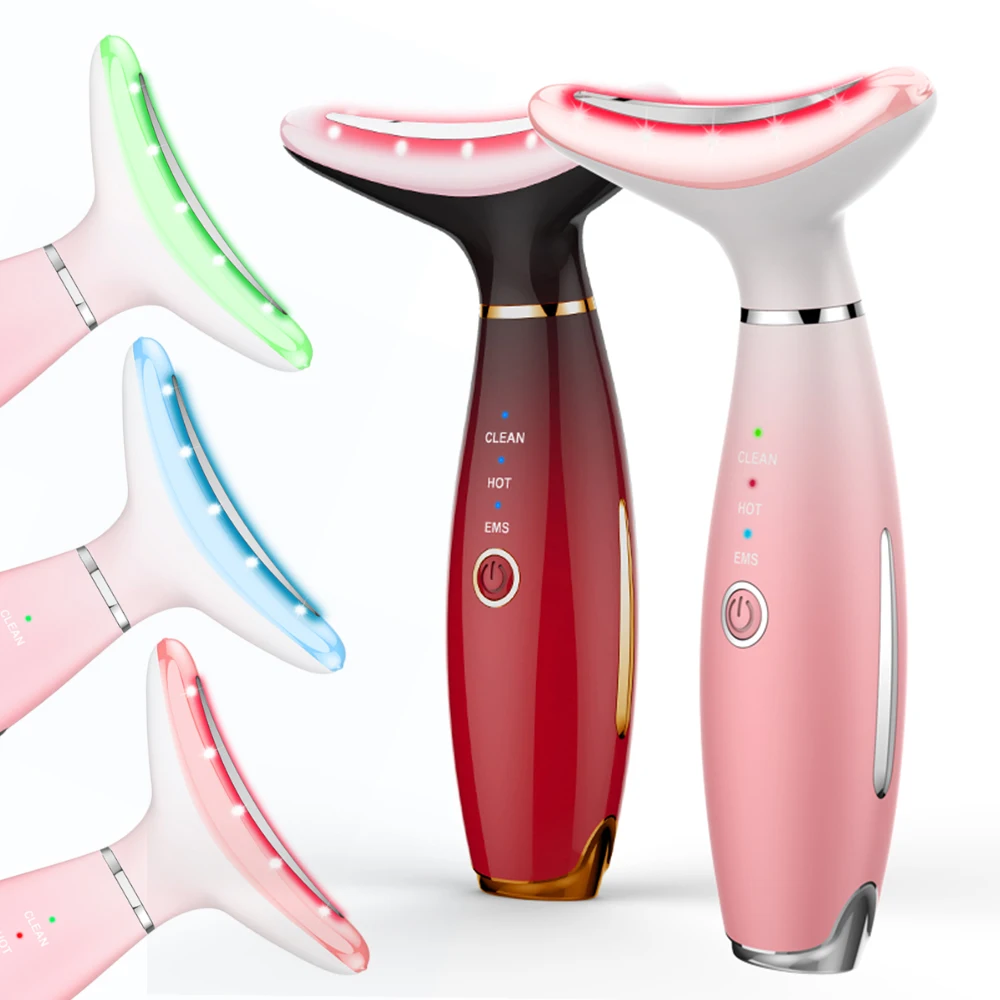 Hot Compress 45 Degree LED Light Therapy Skin Rejuvenation Facial Massage EMS Face Neck Lifting Massager