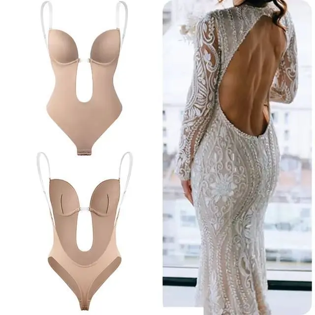 Invisible Shaper Bra Sexy Bodysuit Corset Backless Deep V-Neck  Plunge Thong Waist Trainer Clear Strap Padded Push Up Shapewear