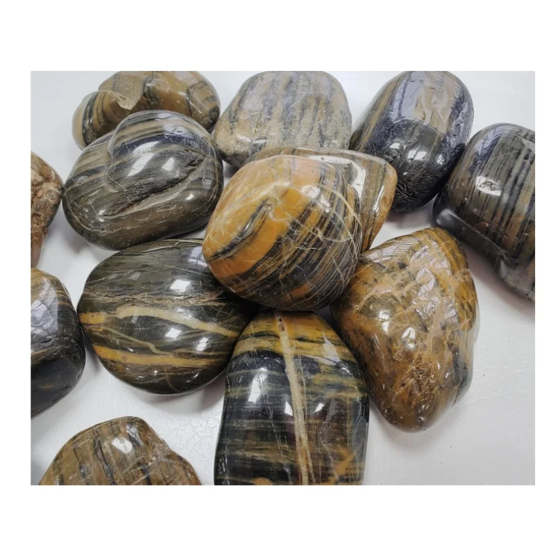 High polished tiger skin yellow pebbles,striped pebbles for paving roads and create scenery