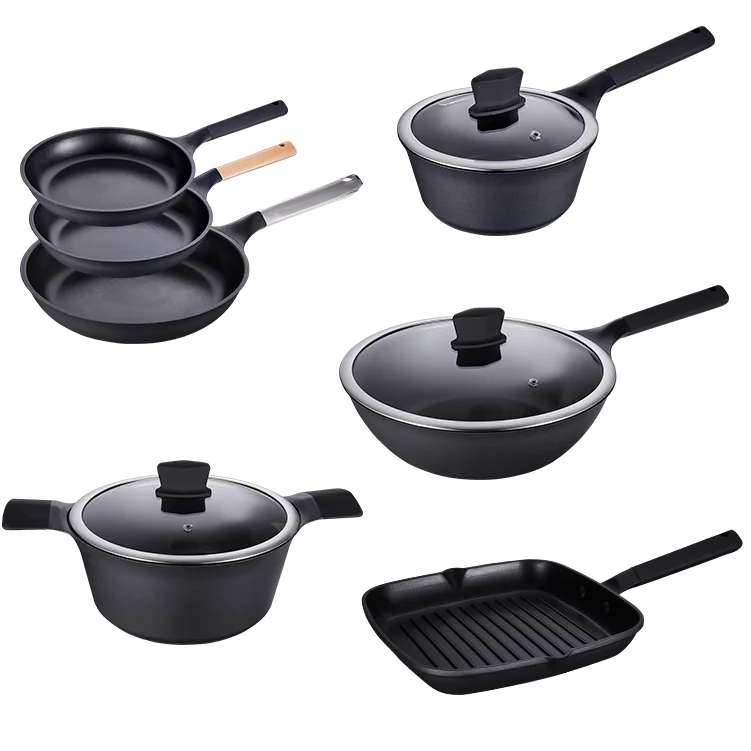 High Quality Functional Kitchen Furniture Sauce Pan Aluminium Black White Cookware Set with Design Handle