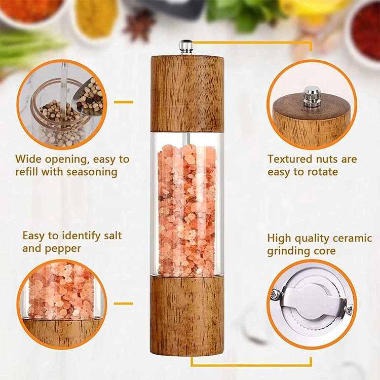 professional wood and food grade acrylic salt and pepper mills sets with Visible Window High-Capacity and Adjustable Coarseness
