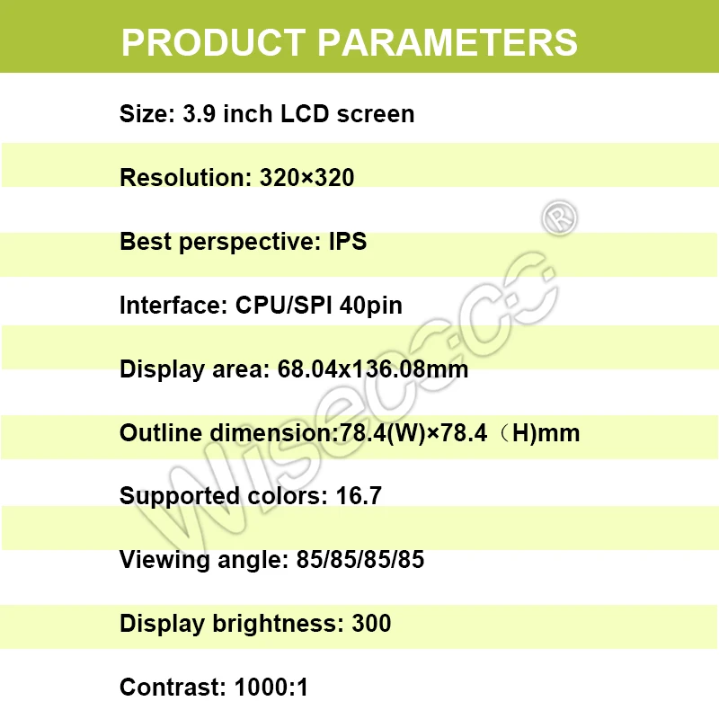 Wisecoco Custom Size Lcd Screen 3.9 Inch CPU SPI 40Pins Interface 300Nits 320*320 Tft Lcd Module Display