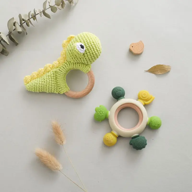 Wholesale Baby Wooden Crochet Rattle Silicone Teether Ring Two-piece Animal Baby Toy Set
