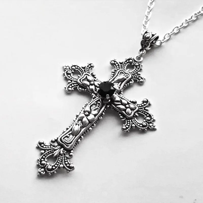 Punk Jewelry Chunky Cross Necklace Gothic  Inlaid Zircon Women Pendant