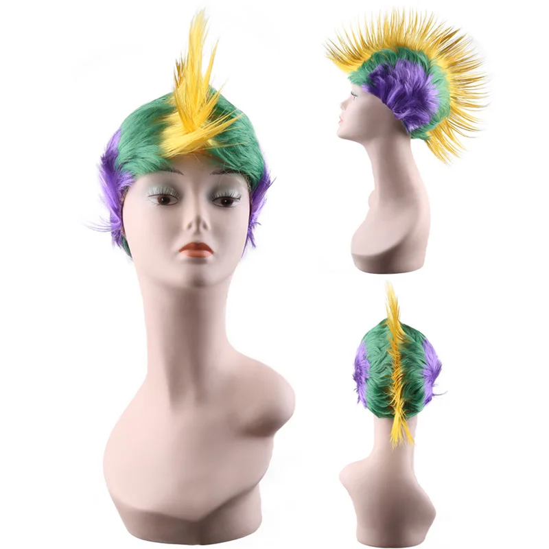 Women Girl Mardi Gras Party Costume Wig Purple Green and Yellow Colored Wavy Curly Cosplay Wig
