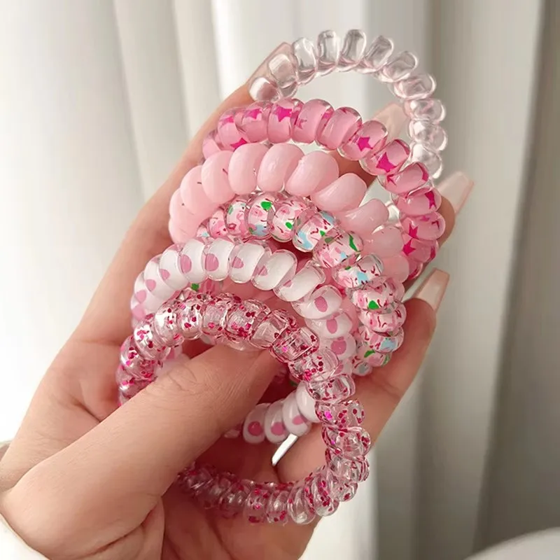 Cross-Border Spring Stars Dot Printed Hair Loop High Elastic Plastic Band 6ps/Set Telephone Wire Sweet Style Hair Headrope